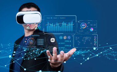 Bir kişi, 2026 yılında pazarlama için yapay zeka ve veri analizlerindeki eğilimleri sergileyerek sanal gerçeklikte geleceksel arayüzlere bağlanır. XDMCP