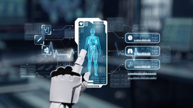 İnsan anatomisine tıklayarak tıbbi verilere ya da teşhislere ulaşın. Semptomu analiz ederken X ışını hologramında robot el kontrolü. Sağlıklı..