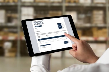 Muhasebe uygulamasından gelen fatura bilgisayar ekranında. Şirket işlerinin finans ve bütçesi için bilgisayar programı. Rahatça..