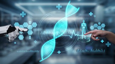 Robot ve insan elini uzatıyor ve yüzen DNA hologramıyla işaret ediyor. Bulanık laboratuvar geçmişini işaret ederken robot el ve insanın birlikte çalışmasını kapat. Sağlıklı..