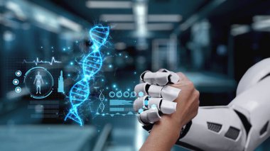 Robot eli kapat ve insan eli DNA hologramıyla tokalaş. Yapay zeka ve insan birlikte çalışıyor ya da DNA hologramıyla anlaşmalar yapıyor. Bulanık laboratuvarda yüzüyor. Takım çalışması. Sağlıklı..
