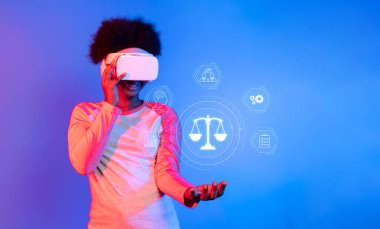 Sanal gerçeklik teknolojisini kullanan bir kişi yapay zekanın etik ve yasal çerçevelerini keşfeder, yenilik ve yönetimin kesişimini vurgular. XDMCP