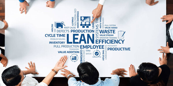 This image captures a collaborative business environment focused on lean production principles, showcasing hands discussing efficiency and process improvement strategies. Amity