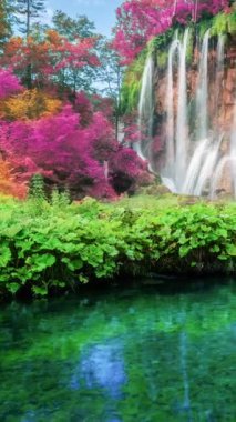 Plitvice Gölleri Hırvatistan 'daki şelalenin sinemadaki videosu, fantezi yeşillik rengi. Rahatlama manzarası arka planı için sakin doğa manzarası .