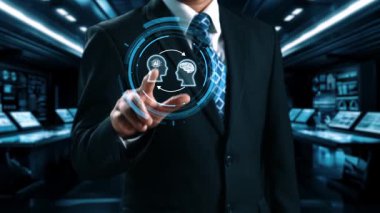 Yapay zeka mühendisliği, büyük veri ve yapay zeka makinesi kavramında yapay zeka beyin işlemcisiyle iş desteği için üretken yapay zeka kullanmayı öğrenen insan etkileşimi. Kullanıcı Kimliği