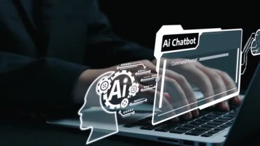 Yapay zeka sanal asistanı Chatbot ile yapay zeka konsepti ile insan etkileşimi, yapay zeka mühendisliği, LLM yapay zeka derin öğrenimi iş desteği için üretken yapay zeka kullanımı. Kullanıcı Kimliği