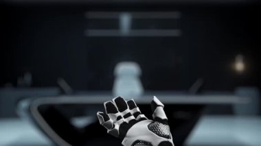 Fütürist bir robotik el, parlak bir iletişim arayüzüne doğru uzanır, parlak dijital ortamda çeşitli iletişim simgelerinin yer aldığı, yenilik ve bağlantıyı sembolize eden. Auvana