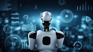 Future financial technology controll by AI robot huminoid uses machine learning and artificial intelligence to analyze business data and give advice on investment and trading decision . 3D rendering .