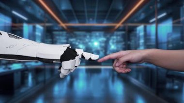 Modern bir çalışma alanında teknoloji ve yenilikleri ön plana çıkaran sanal vitesler ve iş simgeleriyle insan ve robot arasındaki dinamik sahne gösterimi. Auvana