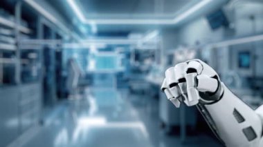 Robotik el işaretini kapat ve bulanık laboratuvar geçmişine sahip çapraz holograma dokun. Tıbbi verilere erişmek ve onları teşhis etmek için robot el tıklaması. Sağlıklı..