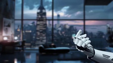 Fütürist bir robotik el, günbatımında canlı bir şehrin siluetine bakan, iletişimi ve teknolojiyi sembolize eden, gösterişli bir modern ofisteki dijital temas ikonlarına uzanır. Auvana