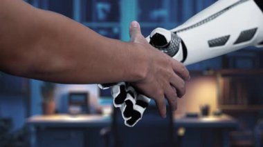 Modern iş gelişiminin çarkları, veri ölçümlerini ve yenilikçi çözümlerini vurgulayan dijital bir alanda insan ve robot işbirliğinin görsel bir temsili. Auvana