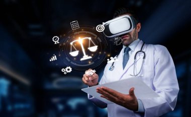 Bir doktor tıbbi araştırma yapmak ve yasal çerçeveleri keşfetmek, sağlık ve hukuk alanlarındaki yenilikleri vurgulamak için sanal gerçeklik teknolojisine başvurur. PHMT