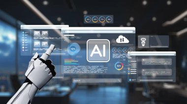 Robotik bir el, modern ofis ortamında yenilik ve teknolojiyi yansıtan yapay zeka analizlerini gösteren fütüristik bir dijital arayüzle sorunsuzca etkileşime girer. Auvana
