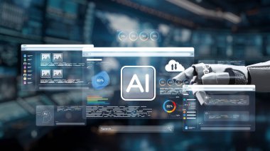 Son teknoloji yapay zeka arayüzü analitik ve özellikleri gösteriyor. Bir robot el dijital ekranlarla etkileşime girer, yenilik ve teknolojiyi ön plana çıkarır. Auvana