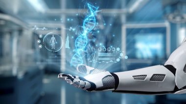 Robotik eli kapat, avuç içini aç ve DNA hologramı yüzsün. Tıbbi verilere erişip belirtilere bağlanırken DNA holografiğini gösteren bir el. Genetik konsept. Sağlıklı..