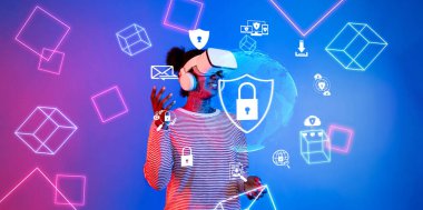 Sanal gerçeklik ve siber güvenliğin kesişimlerini araştırın. Bu resim, teknolojide güvenliğin önemini vurgulayan veri koruma unsurlarının bir karışımını tasvir ediyor. XDMCP