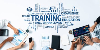 Mesleki büyüme ve çevrimiçi eğitim için dinamik bir çalışma alanı gösterimi ve grafikler, dizüstü bilgisayarlar ve işbirlikçi takım çalışması içeren yetenek geliştirme kavramları. Dostluk