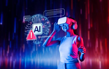 Bir kadın yapay zeka grafikleri ve uyarı sinyalleriyle dolu renkli, fütüristik bir ortamda teknolojinin gelişimini gösteren sanal gerçeklik kulaklığı takıyor. XDMCP