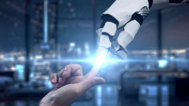 Modern Ofis Ortamı 'nda İnsanların Bağlantı ve Etkileşimini Temsil Ettiği Dijital Simgelerin Robotik Elle Sunumu. Auvana