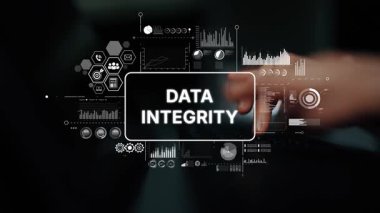 Modern bir iş ortamında dijital grafikler, grafikler ve analizlerle veri bütünlüğünü gösteren kavramsal görüntü. Asemptotik akıllı veri analitiği.