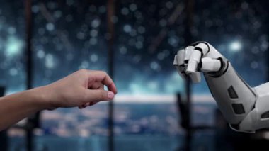 Modern çalışma ortamlarında teknoloji ve insanlık arasındaki işbirliğini vurgulayan bir insan elinin robot ele uzanan görsel bir temsili. Auvana