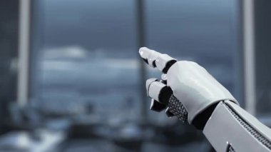 Gelişmiş teknoloji ve modern çalışma alanı dinamiğinin yakınsamasını temsil eden yapay zeka arayüzünü gösteren robotik bir elin detaylı tasviri. Auvana