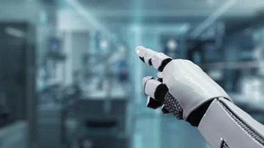 Bulanık laboratuvar arka planına sahip beyin hologramına robotik el gösterimi yap ve tıkla. Tıbbi verilere erişmek ve onları teşhis etmek için robot el beyin ikonuna tıklıyor. Sağlıklı..