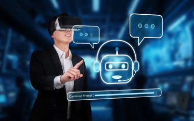 Bu resim, bir yapay zeka sohbet robotunun yer aldığı, modern iş ortamlarında teknoloji ve kullanıcı etkileşiminin füzyonunu vurgulayan sanal gerçeklik arayüzü ile ilgilenen profesyonel bir görüntü sergiliyor. XDMCP