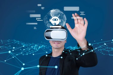 Yapay zeka sanal asistanı Chatbot ile yapay zeka konsepti ile insan etkileşimi, yapay zeka mühendisliği, LLM yapay zeka derin öğrenimi iş desteği için üretken yapay zeka kullanımı. FaaS