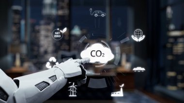 Fütürist robotik bir el, kentsel bir ortamda CO2 azaltımını ve sürdürülebilirliği temsil eden dijital sembollerle etkileşime girer, çevresel teknolojide yenilik sergiler. Auvana