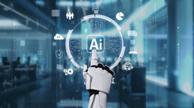 Robotik bir el, düzgün bir ofis ortamında veri odaklı grafikler ve modern dijital simgelerle çevrili yapay zeka arayüzü ile bağlantı kurar. Auvana