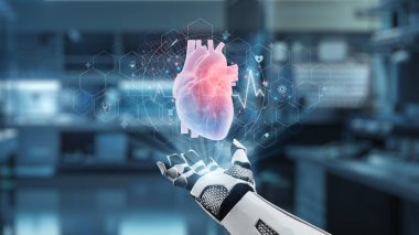 Robotun elini kapat, avuç içini aç ve kalp hologramı yüzsün. Tıbbi verilerle teşhis koymaya bağlıyken kalp hologramını gösteren ve tutan eller. Genetik konsept. Sağlıklı..