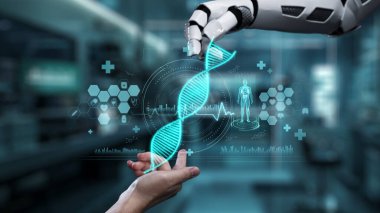 Robot ve insan elini uzatıyor ve yüzen DNA hologramıyla işaret ediyor. Bulanık laboratuvar geçmişini işaret ederken robot el ve insanın birlikte çalışmasını kapat. Sağlıklı..