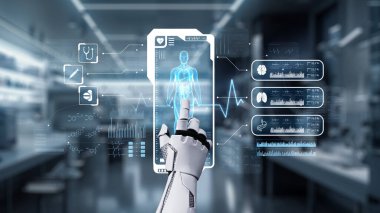 İnsan anatomisine tıklayarak tıbbi verilere ya da teşhislere ulaşın. Semptomu analiz ederken X ışını hologramında robot el kontrolü. Sağlıklı..