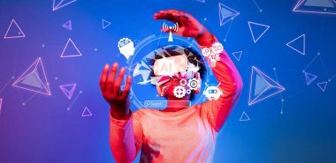 Genç bir insan yapay zeka ve teknolojiyi somutlaştıran sanal gerçeklik unsurlarıyla meşgul olarak renkli bir dijital alemde yaratıcılık ve yeniliğin bir karışımını sergiliyor. XDMCP