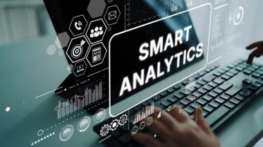 Eller Modern İş Çözümleri için Fütürist Akıllı Analitik Görüntüleme ve Dijital Arayüzler ile Veri Analizine Bağlandı. Asemptotik akıllı veri analitiği.