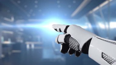 Fütürist robot bir el, ileri teknoloji ve yeniliği sembolize eden, modern ofis ortamında yapay zeka kavramlarını gösteren dijital bir arayüzle etkileşime girer. Auvana