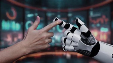 Modern iş gelişiminin çarkları, veri ölçümlerini ve yenilikçi çözümlerini vurgulayan dijital bir alanda insan ve robot işbirliğinin görsel bir temsili. Auvana