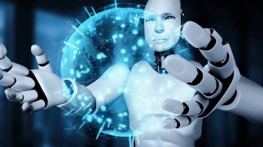 AI hominoid robot holding virtual hologram screen showing concept of big data analytic using artificial intelligence thinking by machine learning process. 3D rendering.