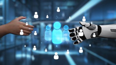 İnsan-Robot Etkileşimi Fütürist Görsel Elementlerle Teknoloji ve İnsanlar Arasında Modern Ayarlarda İşbirliği Temsil Ediyor. Auvana