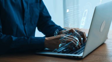 Modern Çalışma Alanında Bilgisayar ve Veri Analizi ve Teknoloji Konsepti için Sanal Elementler Kullanılıyor. Dörtgen.