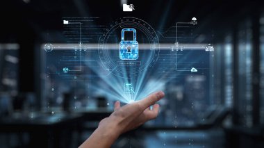Modern ofis ortamında bir kilit sembolü ve veri bağlantılarının yer aldığı dijital güvenlik görseli ile etkileşen bir insan elini gösteren fütürist bir resim. Auvana