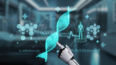Tıbbi verilere ya da teşhis semptomlarına erişmek için robot ellerle DNA hologramına tıklayın. Yapay zeka semptomları analiz ederken genetik simülasyonda robot el kontrolü. Sağlıklı..