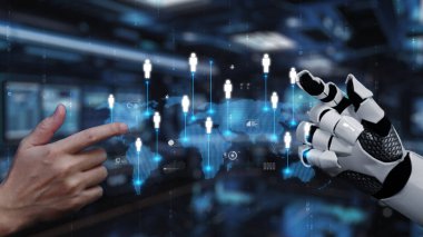 Bir insan eli robotik bir elle dijital bir arkaplan karşısında etkileşime girer, kullanıcı bağlantılarını ve ileri teknolojiyi fütüristik bir çalışma ortamında gösterir. Auvana