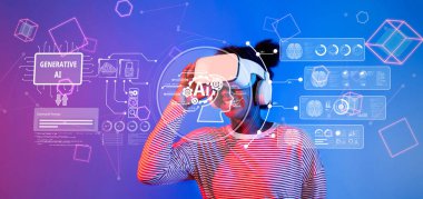 Sanal gerçekliğe dalmış bir kişi yaratıcı uygulamalar ve yapay zekanın karışımını keşfeder, yenilikçi teknoloji ve kullanıcı etkileşimi sergiler. XDMCP