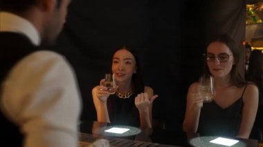 Güzel bir kadının VIP konuğunun portresi. Şık bir gece partisinde lüks bir gece kulübünde kadeh kaldırıyor. Barda oturmuş barmen atmosfer partisi yaşam tarzıyla konuşuyorum. Vinosity.