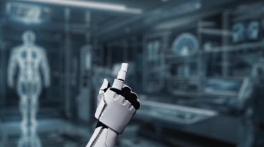 Tıbbi verilere ya da teşhis semptomlarına ulaşmak için robotik el işaretlerini kapatın ve tıbbi çapraz holograma tıklayın. Yapay zeka semptomları analiz ederken robot el çapraz kontrol yapıyor. Sağlıklı..