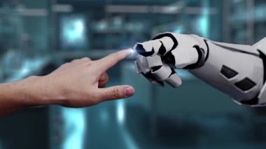 Robot ve insan elini uzatıyor ve yüzen tıbbi haç ikonu ile parmağıyla işaret ediyor. Laboratuvar geçmişini işaret ederken robot eller ve insanların birlikte çalışması yakın plan. Sağlıklı..