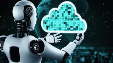 AI robot huminoid uses cloud computing technology to store data on online server . Futuristic concept of cloud information storage analyzed by machine learning process . 3D rendering .